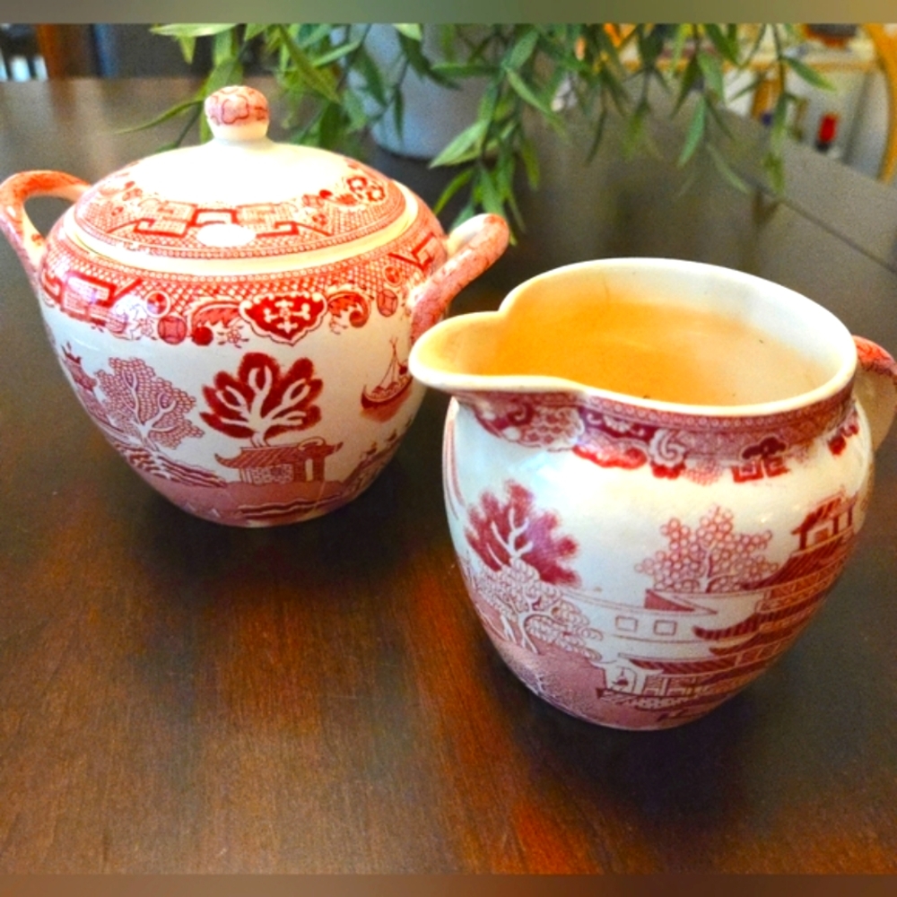 Vtg. ALLERTON'S England Pink Willow Creamer & Lidded Sugar Bowl